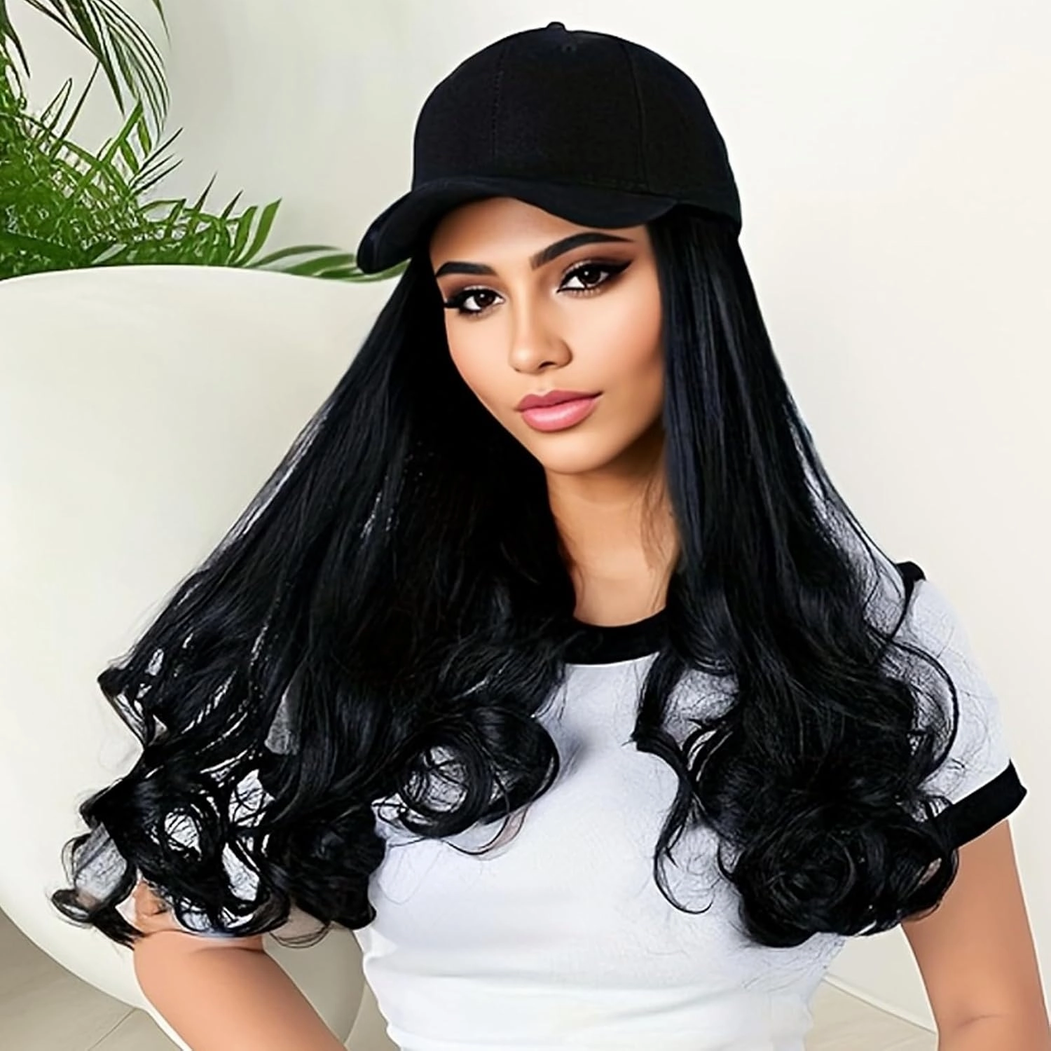 Hat Wig Baseball Cap With Long Wavy Ends Straight Hair Extensions Attached Heat Resistant Synthetic Fiber Hair Replacement Wigs in Hat for Woman Girls (Black, 18inch)