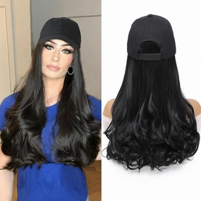 Hat Wig Baseball Cap With Long Wavy Ends Straight Hair Extensions Attached Heat Resistant Synthetic Fiber Hair Replacement Wigs in Hat for Woman Girls (Black, 18inch)