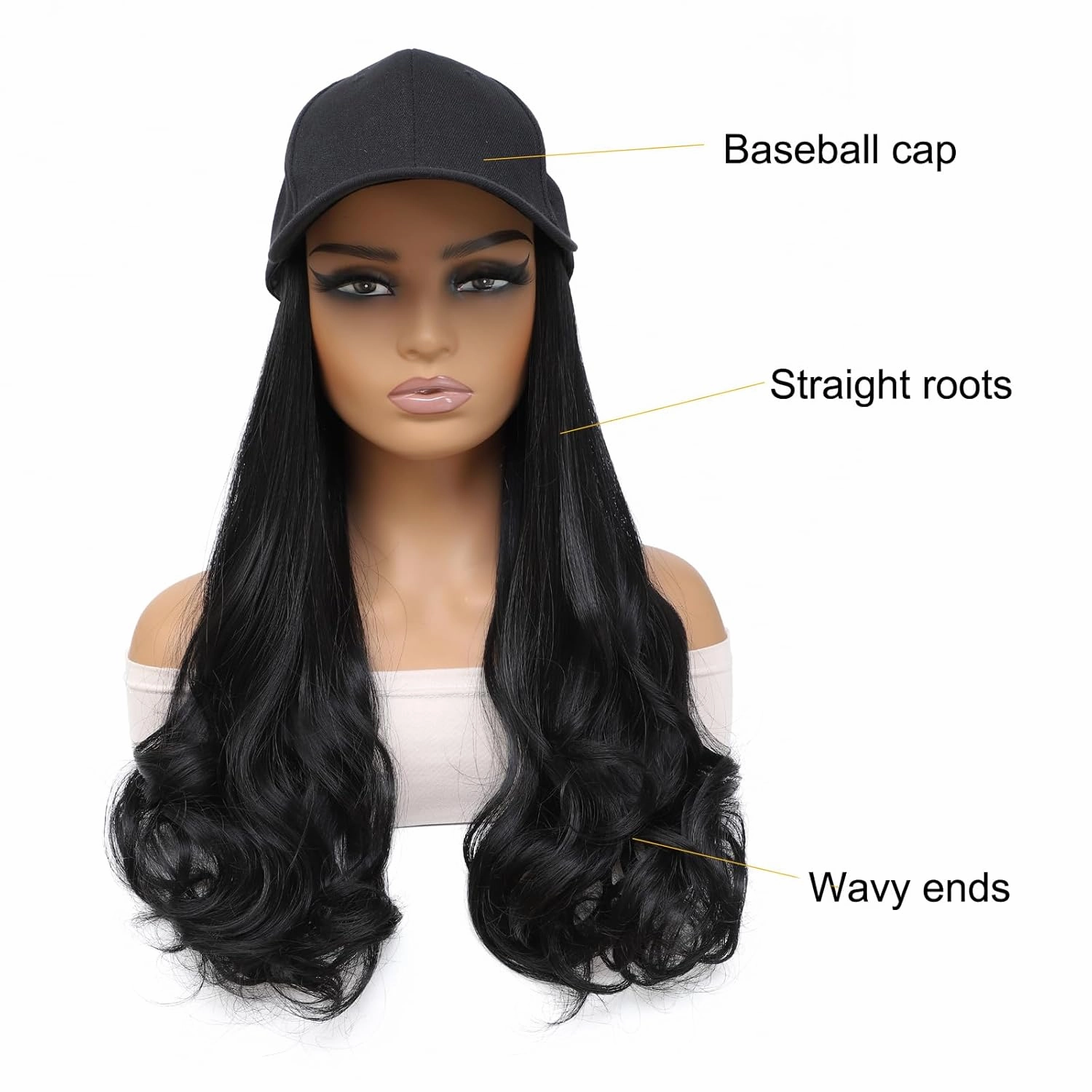 Hat Wig Baseball Cap With Long Wavy Ends Straight Hair Extensions Attached Heat Resistant Synthetic Fiber Hair Replacement Wigs in Hat for Woman Girls (Black, 18inch)
