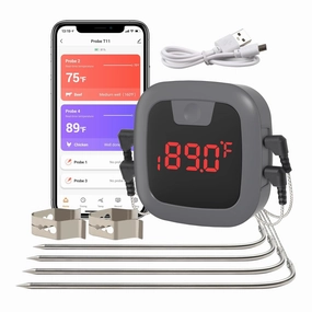 HBN Bluetooth Meat Grill Thermometer with 4 Probes, Wireless Barbecue Cooking Thermometer with Alarm & Timer, Rechargeable BBQ Thermometer for Smoker, Oven, Kitchen