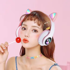 Head-mounted Bluetooth Headset Cat Ear Subwoofer Flashing Light Wireless Sports Card Headset (UAE Only)