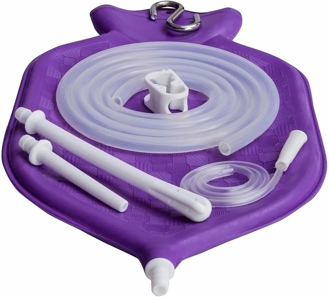 HealthAndYoga™ NaturoFlo Superior Enema Bag Kit with Silicone Tubing Hose and Fittings - 2 Quart Fountain Open top Kit for Fleet Enema and Anal Douche - Purple