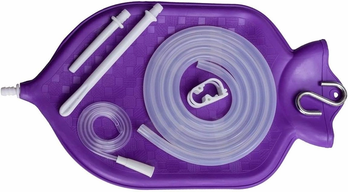 HealthAndYoga™ NaturoFlo Superior Enema Bag Kit with Silicone Tubing Hose and Fittings - 2 Quart Fountain Open top Kit for Fleet Enema and Anal Douche - Purple