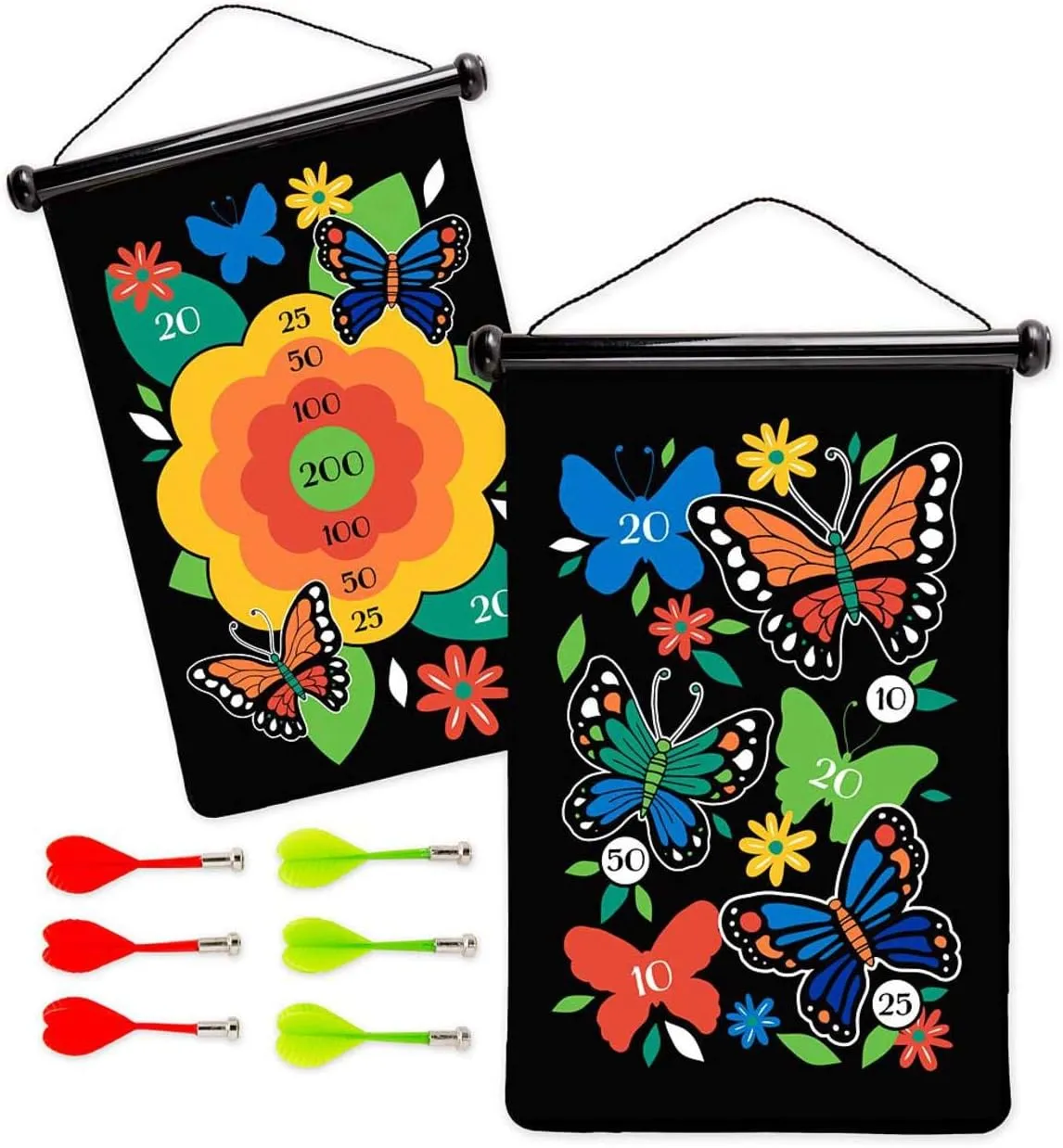 HearthSong Double-Sided Magnetic Canvas Kids' Target Game for Portable Play, Includes Six Magnetic Darts (Butterfly)