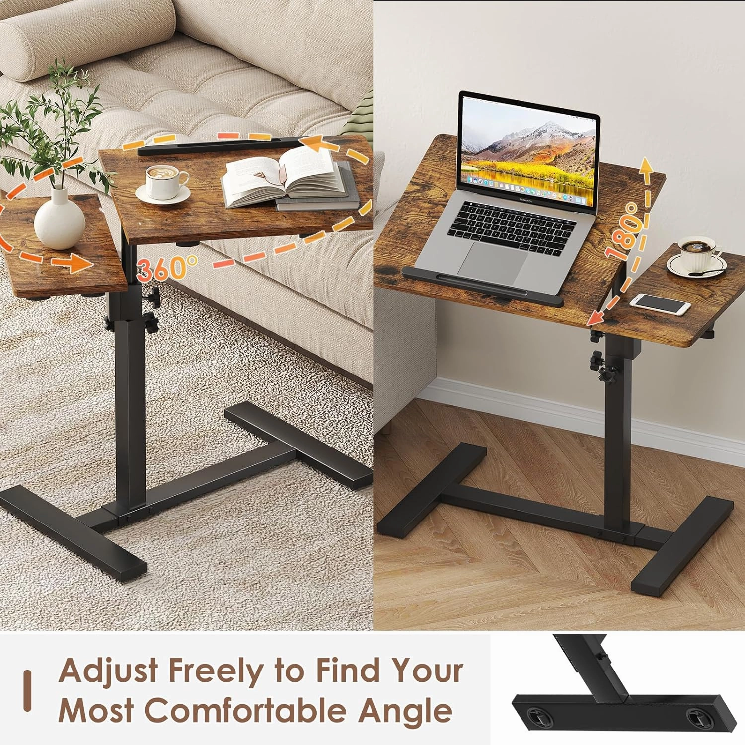 Height Adjustable C-Shaped Table with Removable Wheels, Adjustable Laptop Stand for Couch, Bedside Desk with Pen Slot, Rustic Brown