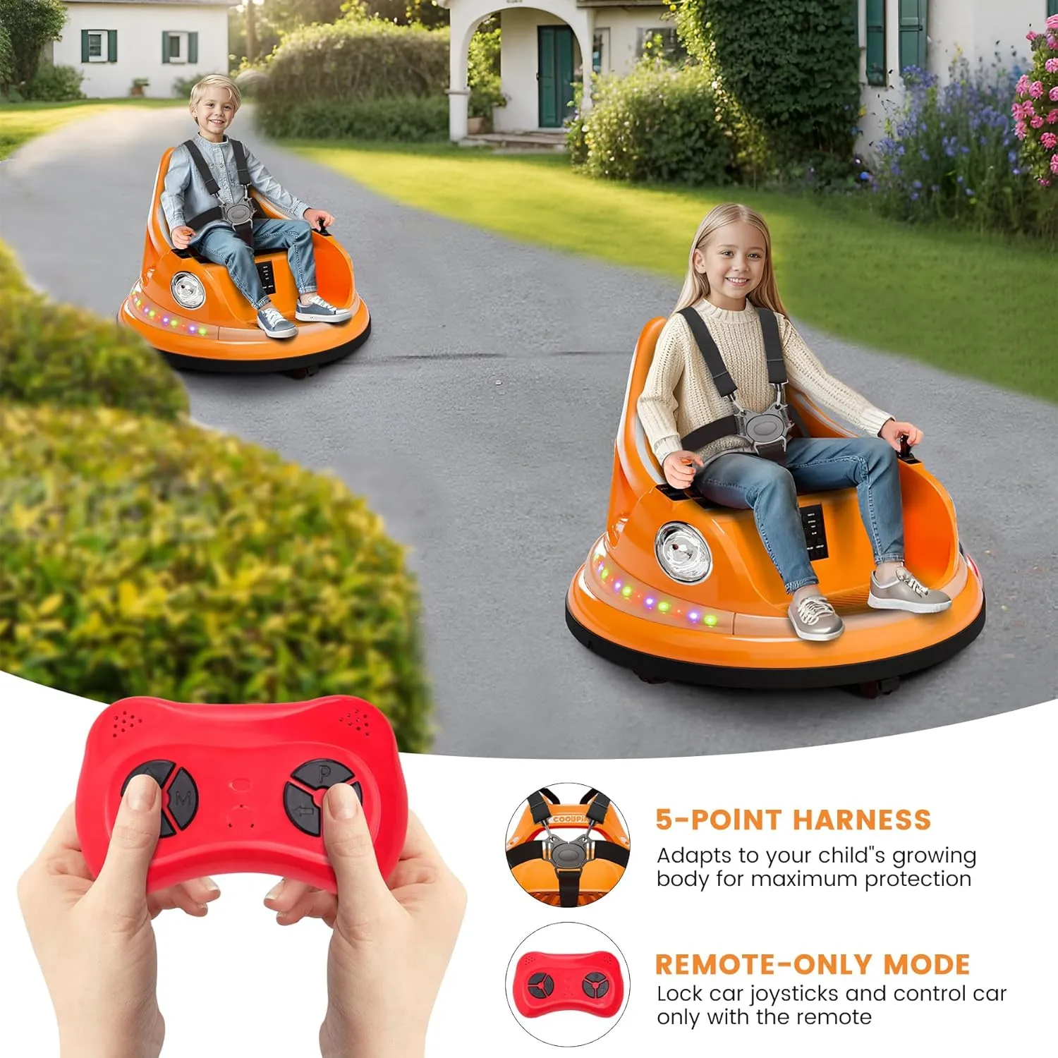 Hetoy Ride-on Bumper Car for Toddlers, 12V Electric Car with Parent Remote, 2-Speed & 2 Driving Modes, 360 Spin, Music & Lights (Orange)