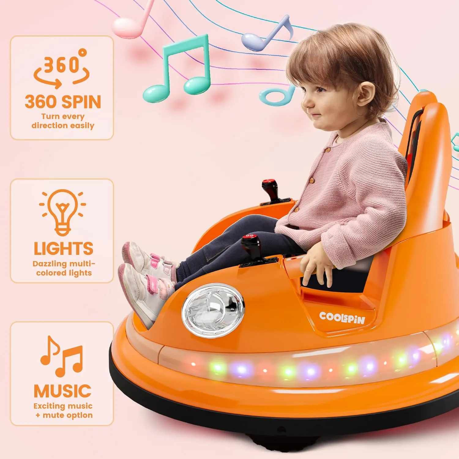 Hetoy Ride-on Bumper Car for Toddlers, 12V Electric Car with Parent Remote, 2-Speed & 2 Driving Modes, 360 Spin, Music & Lights (Orange)