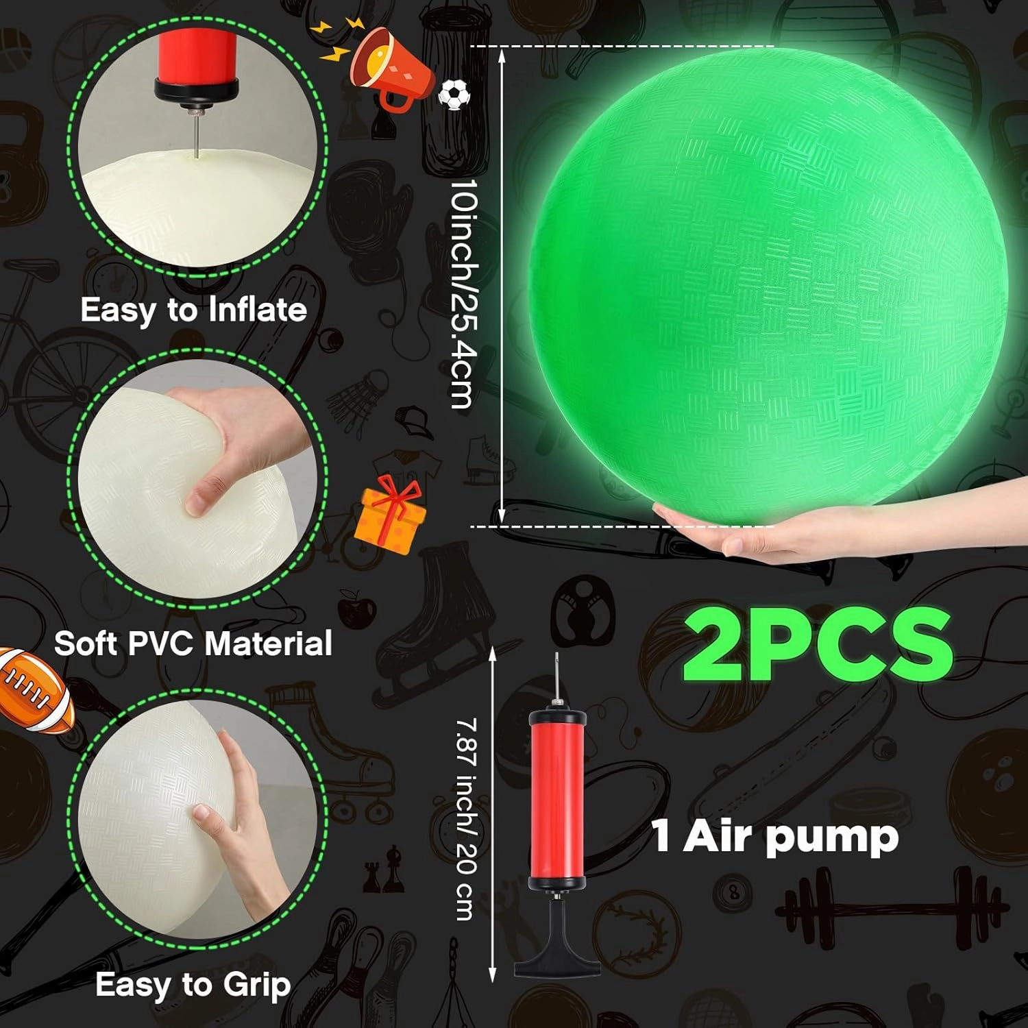Hiboom 2 Pcs Glow in The Dark Kickballs Dodgeballs Light up Playground Ball Bouncy Balls with Pump for Kids Adults Playground School Backyard Game Outdoor Glow in The Dark Games (10 Inch)