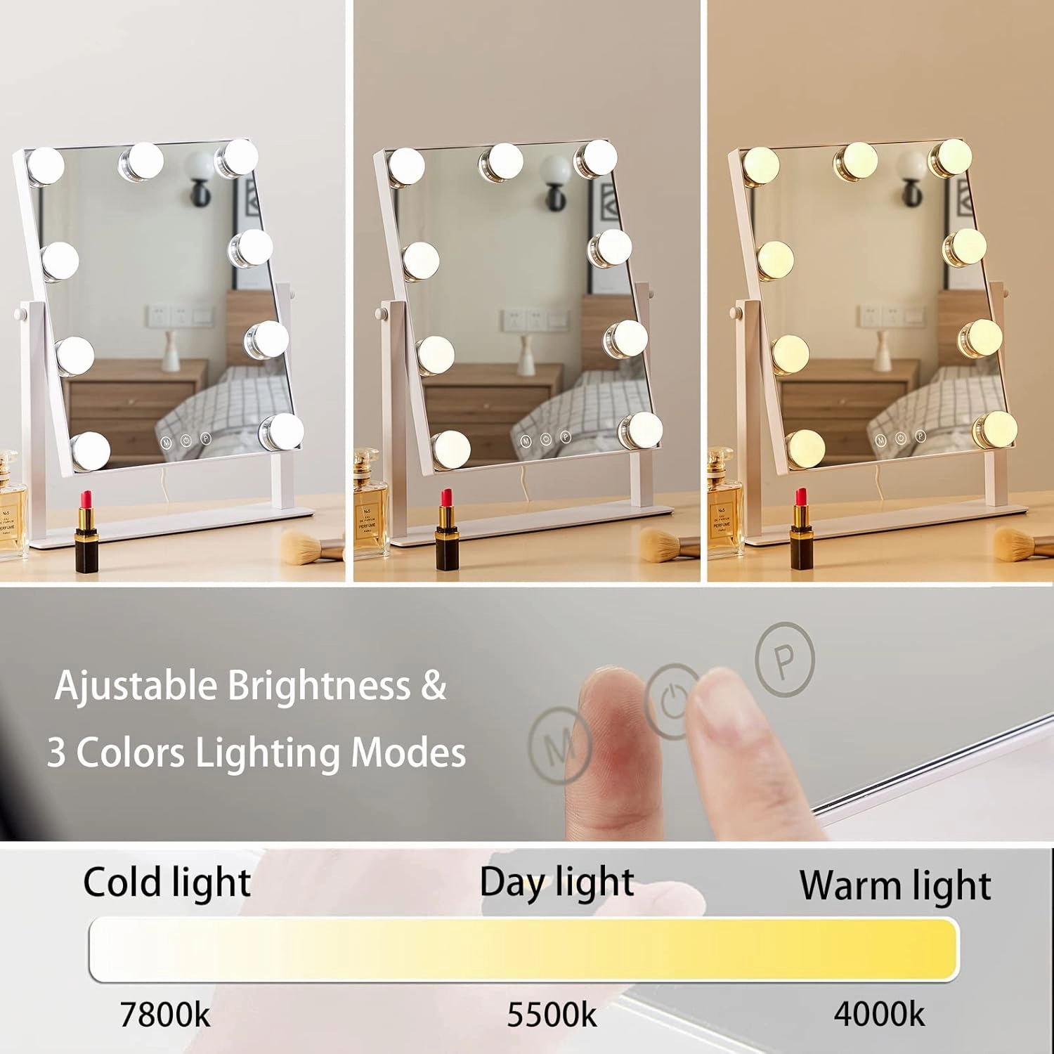 HIEEY Hollywood Vanity Mirror with Lights, Makeup 9 Dimmable Bulbs Three Color Lighting Modes, and 5X Magnification Mirror, Smart Touch Control, 360°Rotation (White)