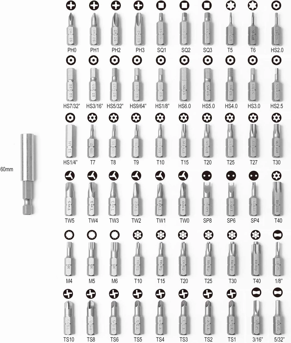 High Qualiy Security Bit Set, 61-Piece, S2 Steel, Temper Proof Bits, for home electoronics, vehicles, military, aerospace applications