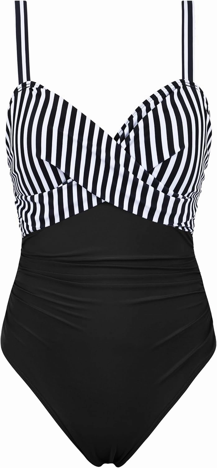 Hilor Women's Underwire One Piece Swimsuits Criss Cross Push Up Bathing Suit Retro Ruched Tummy Control Swimwear
