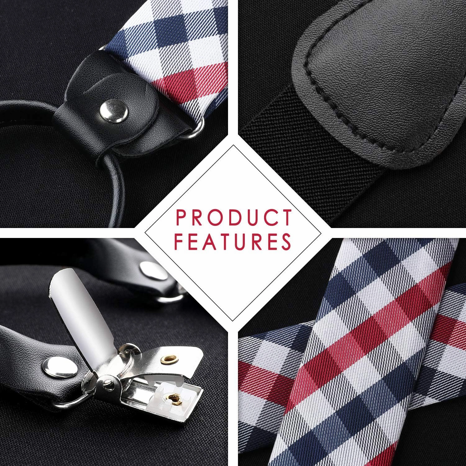 HISDERN Bow tie and Suspenders for Men Plaid Suspender Self Bowtie Pocket Square Adjustable Y Shape Mens Trouser Braces