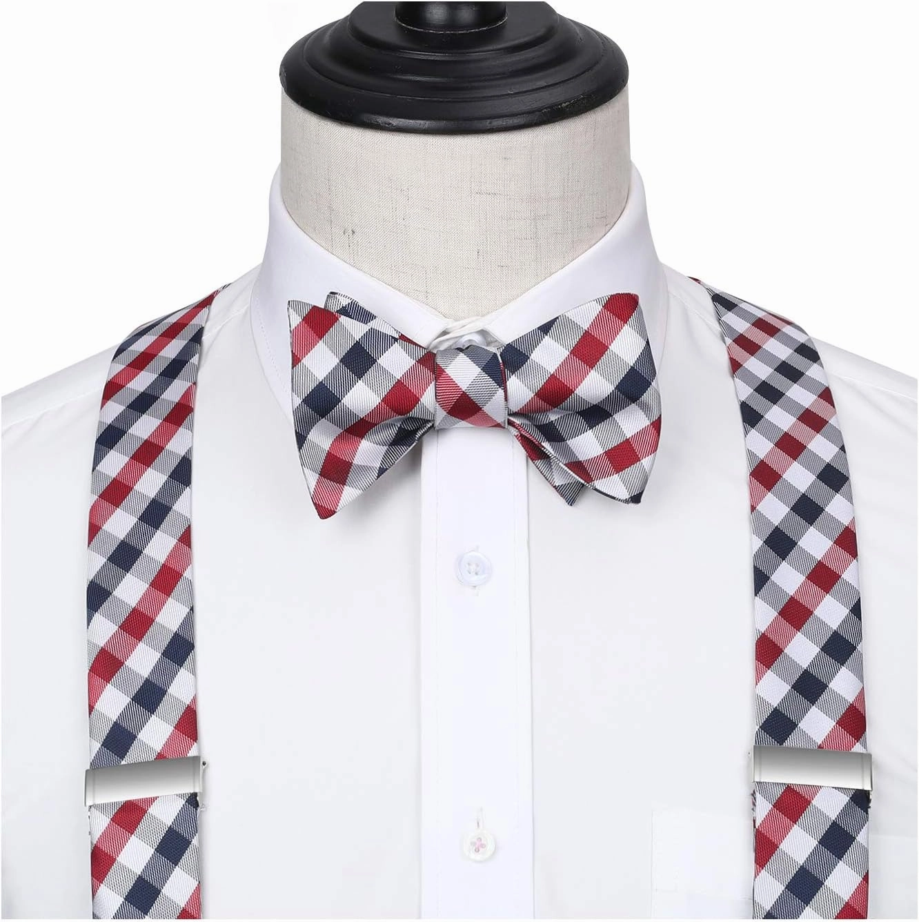 HISDERN Bow tie and Suspenders for Men Plaid Suspender Self Bowtie Pocket Square Adjustable Y Shape Mens Trouser Braces