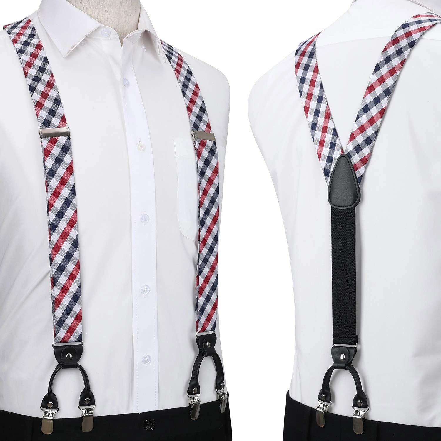 HISDERN Bow tie and Suspenders for Men Plaid Suspender Self Bowtie Pocket Square Adjustable Y Shape Mens Trouser Braces