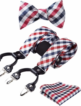 HISDERN Bow tie and Suspenders for Men Plaid Suspender Self Bowtie Pocket Square Adjustable Y Shape Mens Trouser Braces