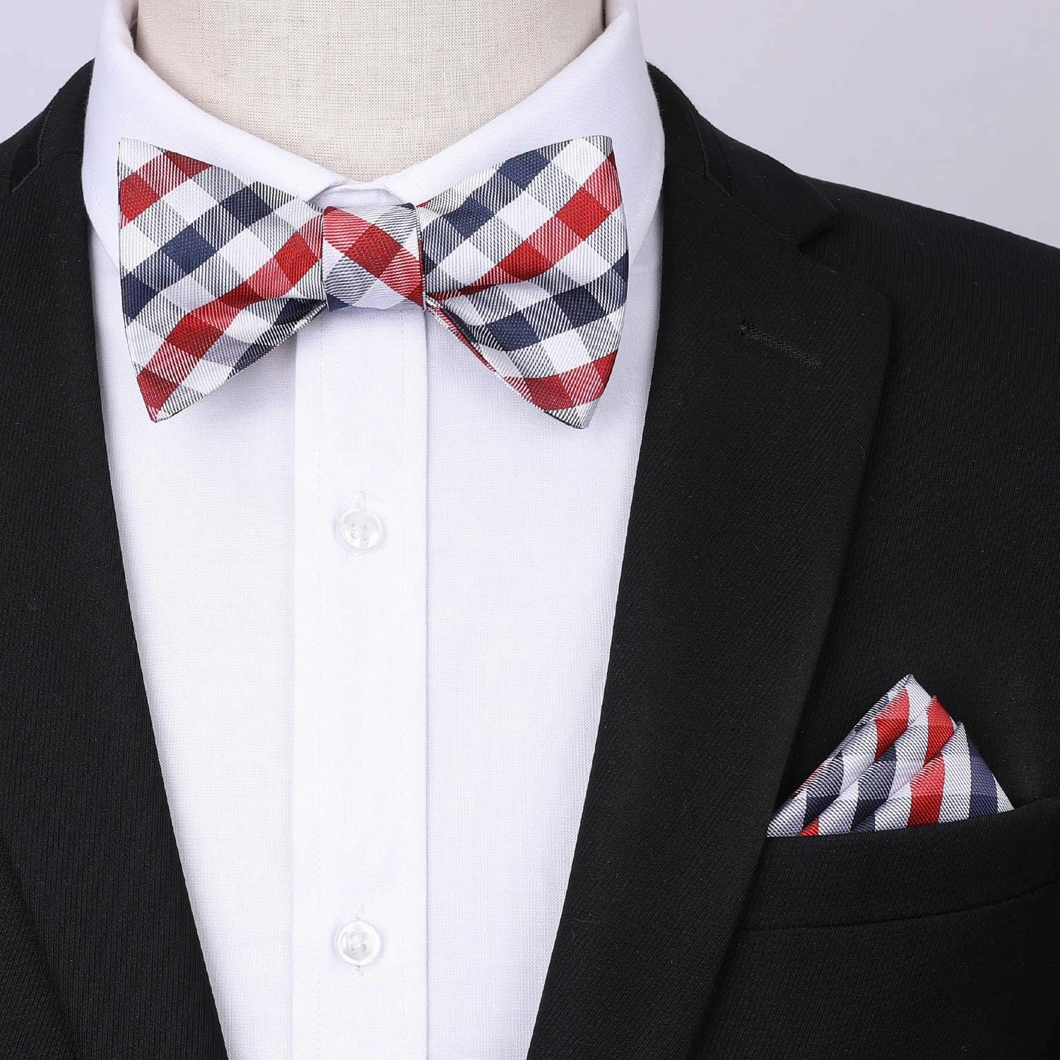 HISDERN Bow tie and Suspenders for Men Plaid Suspender Self Bowtie Pocket Square Adjustable Y Shape Mens Trouser Braces