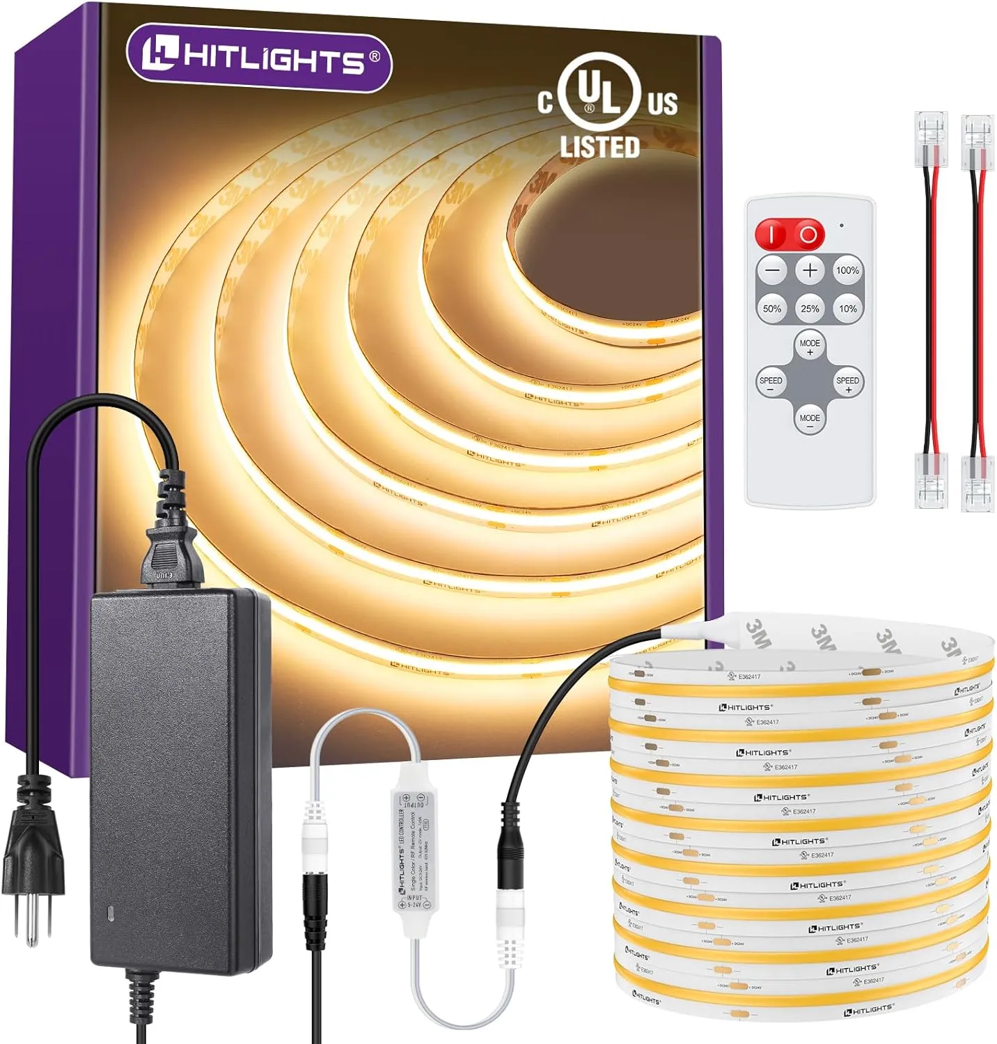 HitLights COB LED Strip Lights Kit Warm White with Remote & 24V Power Supply,16.4ft Dimmable Tape Light 3000K, 2560LEDs, 350 LM/FT, UL Listed, Flexible Rope Lights for Bedroom Kitchen Cabinet Lighting
