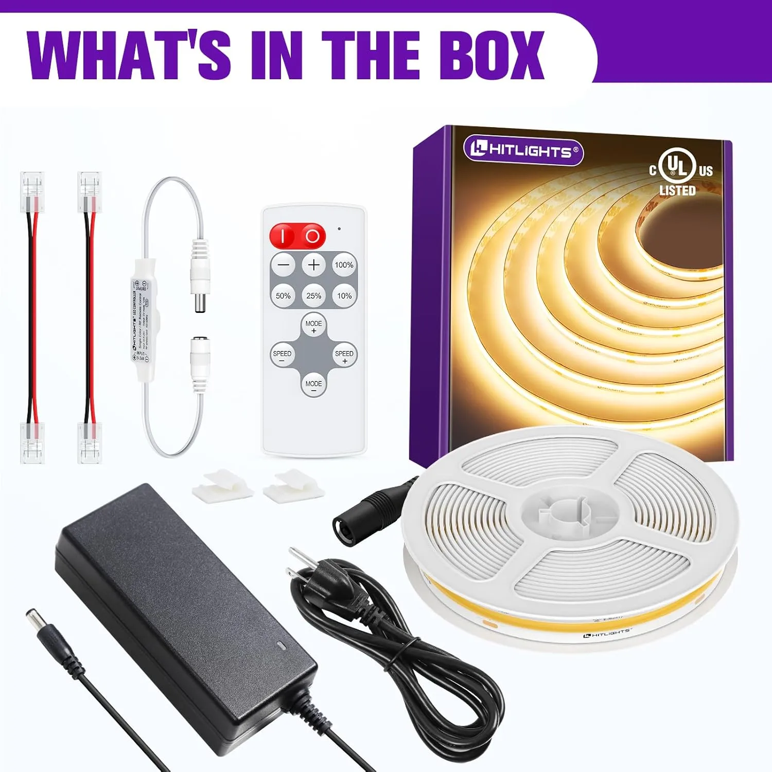 HitLights COB LED Strip Lights Kit Warm White with Remote & 24V Power Supply,16.4ft Dimmable Tape Light 3000K, 2560LEDs, 350 LM/FT, UL Listed, Flexible Rope Lights for Bedroom Kitchen Cabinet Lighting
