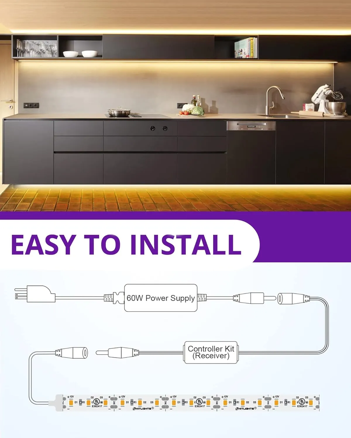 HitLights Warm White LED Strip Lights Kit 3000K, 16.4ft Dimmable Tape Light with Controller, 12V Power Supply, 600 LEDs/Reel, 300LM/Feet, Flexible Rope Lights for Bedroom, Under Cabinet, UL-Listed