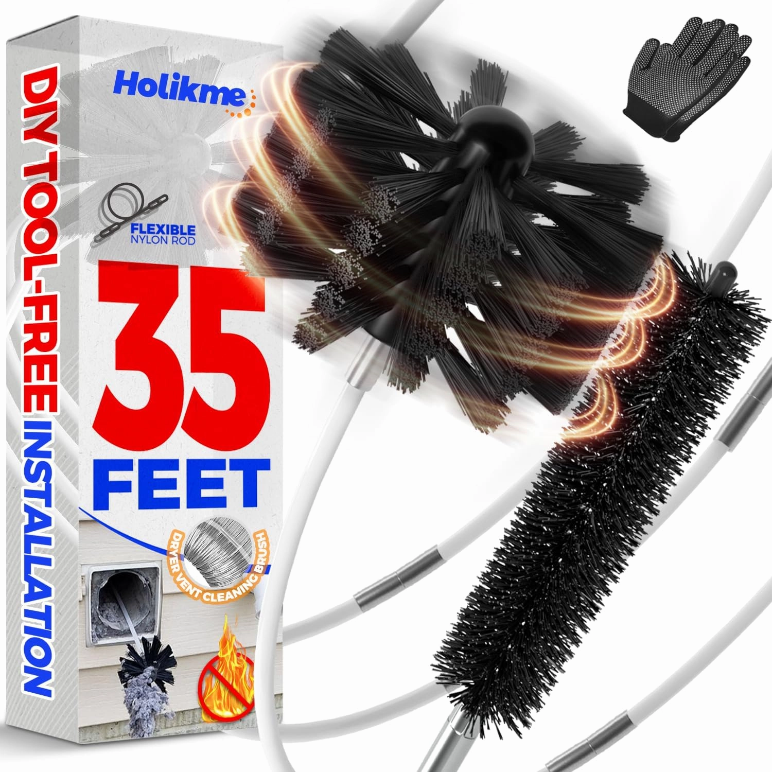 Holikme 35 Feet Dryer Vent Cleaner Kit, Flexible Lint Brush with Drill Attachment, Fireplace Chimney Brushes for Easy Cleaning, Use with or Without a Power Drill