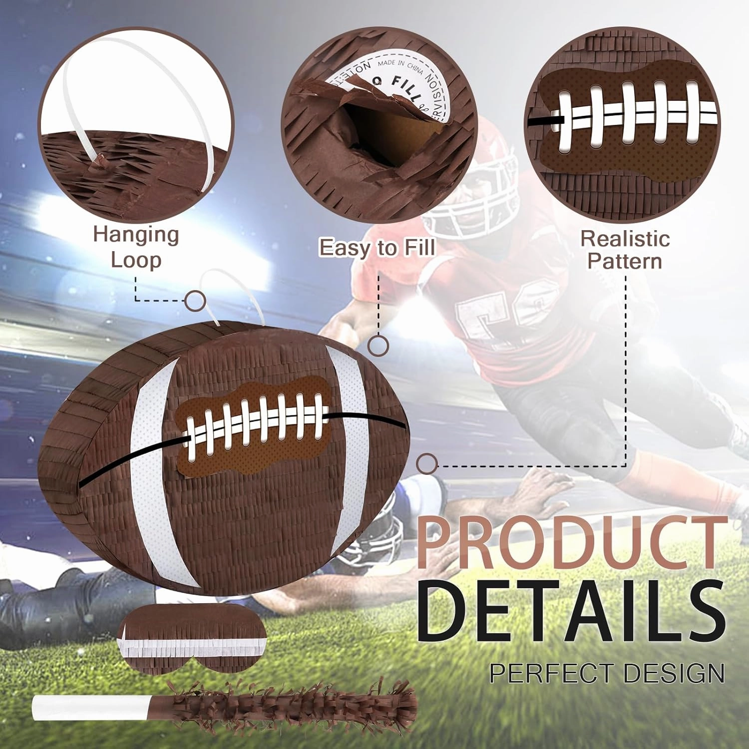 Hooqict Football Pinata with Bat Stick & Hanging Loop for Boys Football Birthday Party Decorations Game Day Tailgate Party Supplies Kids Sports Ball Pinata