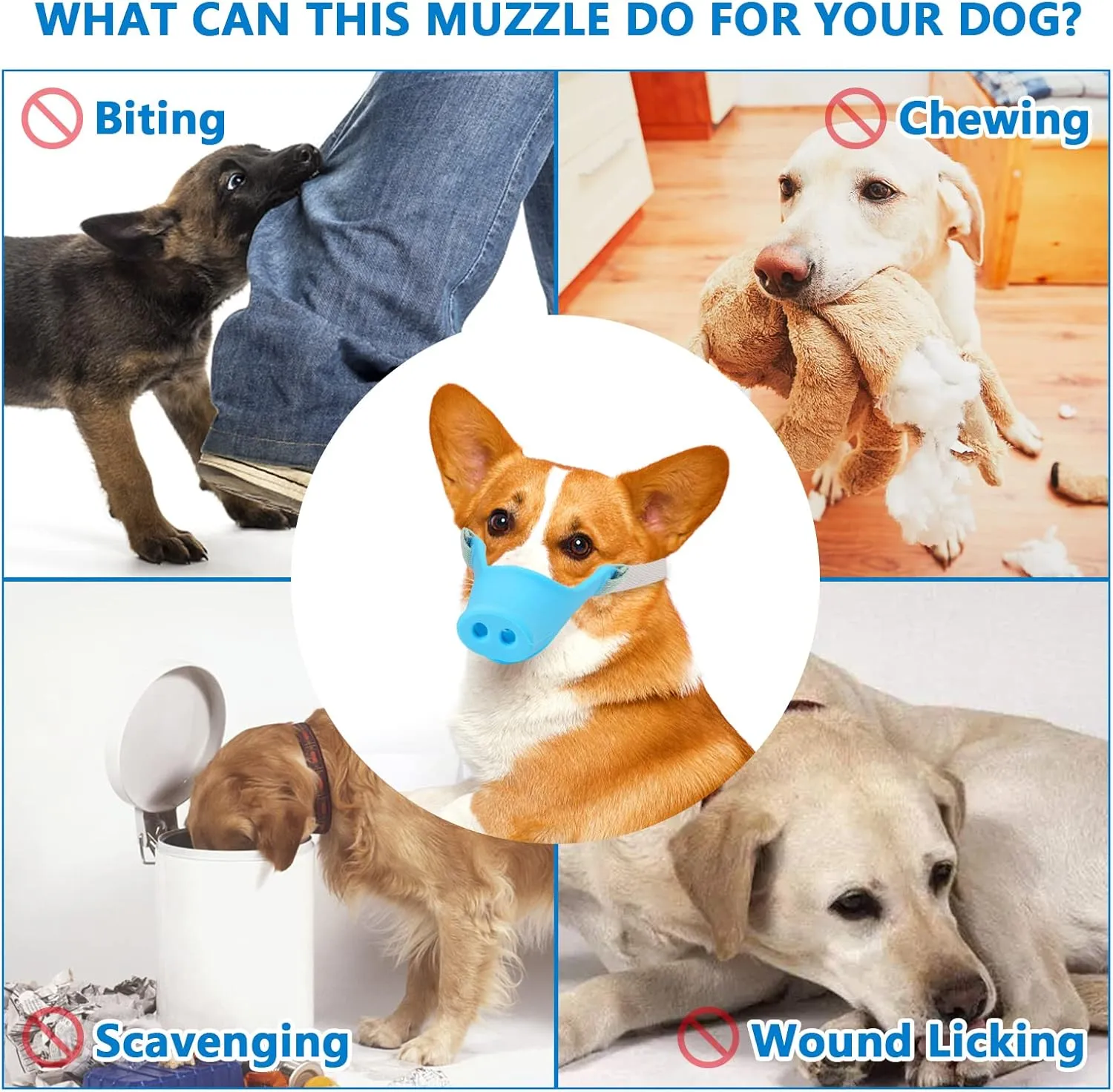 HOWWFALY Silicone Dog Muzzle, Soft Muzzle for Small Medium Dogs Poodle Corgi Dachshund，Pig Mouth Shape Breathable Dog Mouth Covers to Prevent Bite Chew and Call with Adjustable Strap(Blue, Medium)