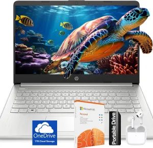 HP Ultralight 14 inch Laptop with Intel 4-Core Processor, Microsoft 365 and Wireless Earbuds, 16GB RAM, 128GB External Drive & 128GB Emmc & 1TB Cloud Storage, HD Display, Silver, Windows 11
