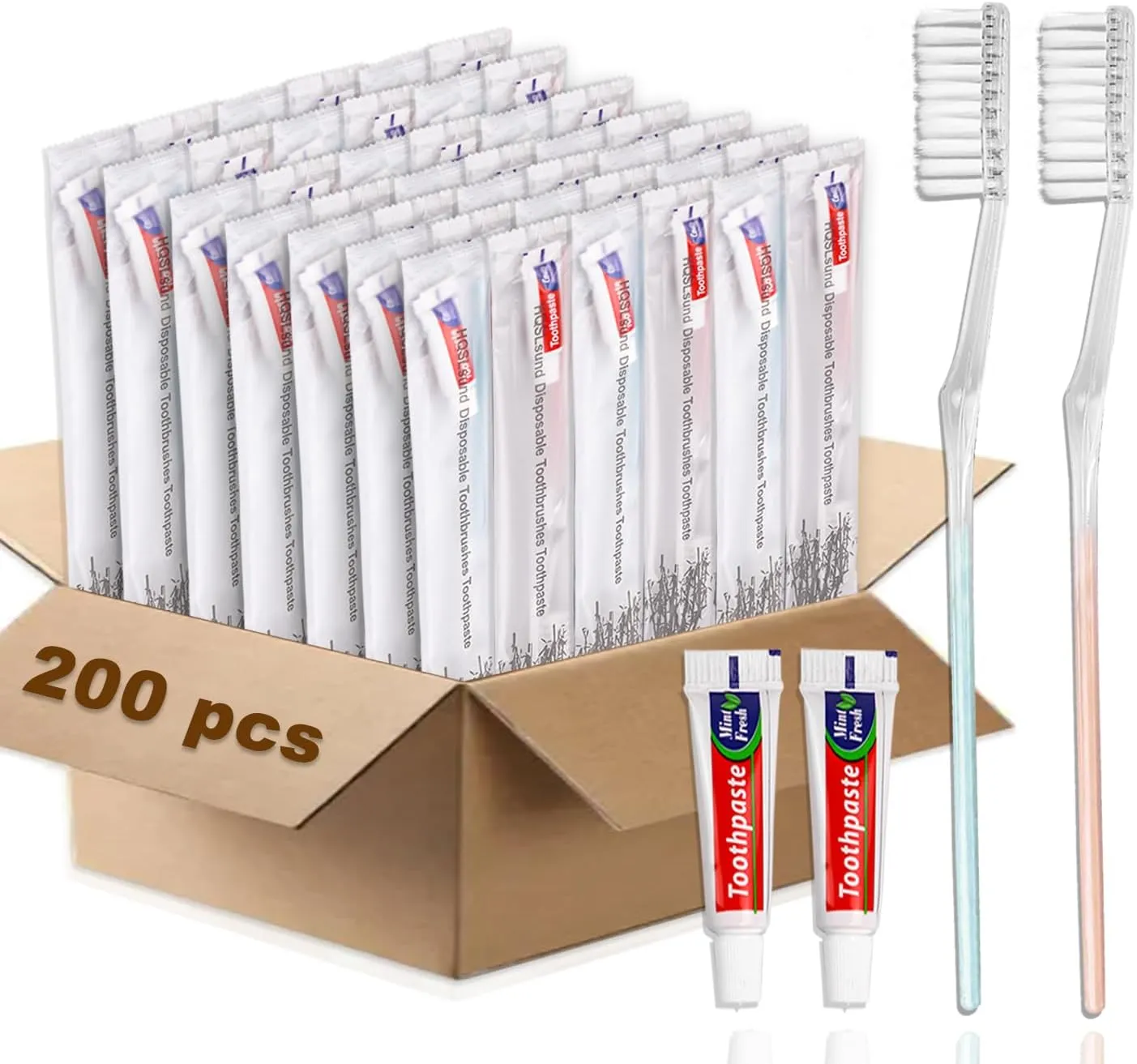 HQSL Sund 200 Pack Disposable Toothbrushes with Toothpaste, Individually Wrapped Soft Bristle Toothbrushes, Travel Kit