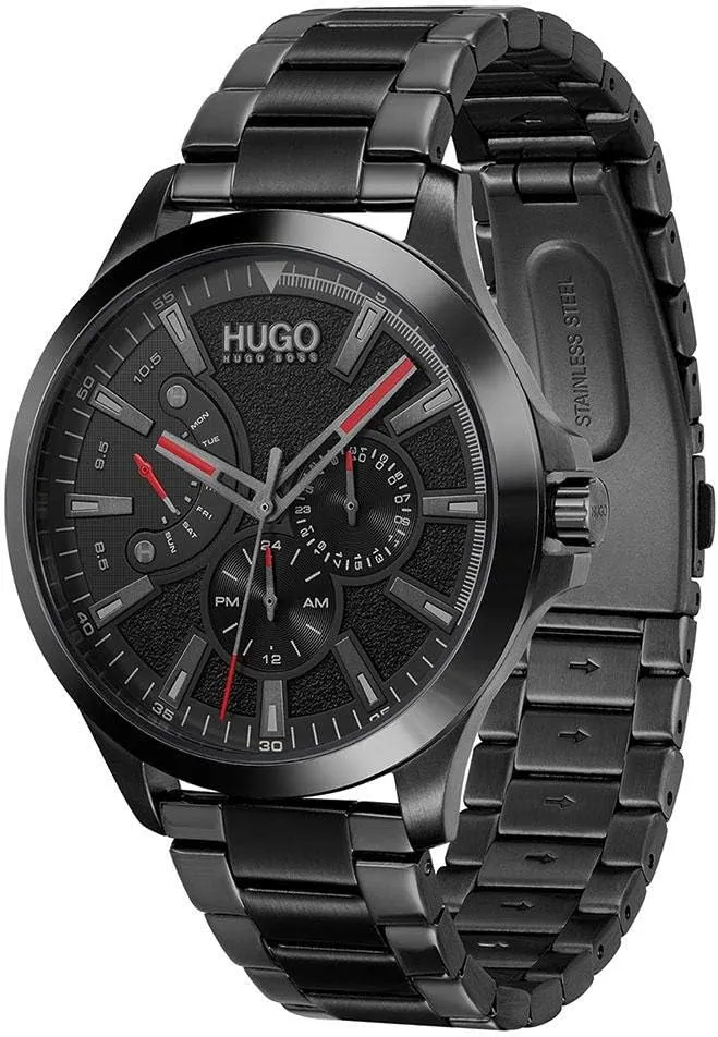 HUGO #LEAP Men's Multifunction Stainless Steel and Link Bracelet Casual Watch, Color: Black (Model: 1530175)