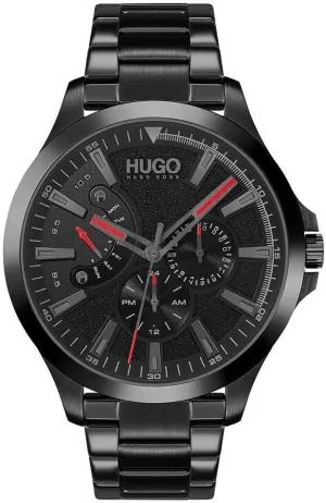 HUGO #LEAP Men's Multifunction Stainless Steel and Link Bracelet Casual Watch, Color: Black (Model: 1530175)
