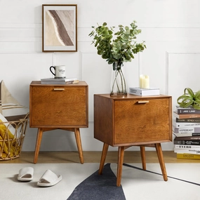 HULALA HOME Nightstand with Charging Station, Mid-Century Modern Nightstands, Wood Night Stand with USB Ports and Outlets for Bedroom Set of 2, Acorn