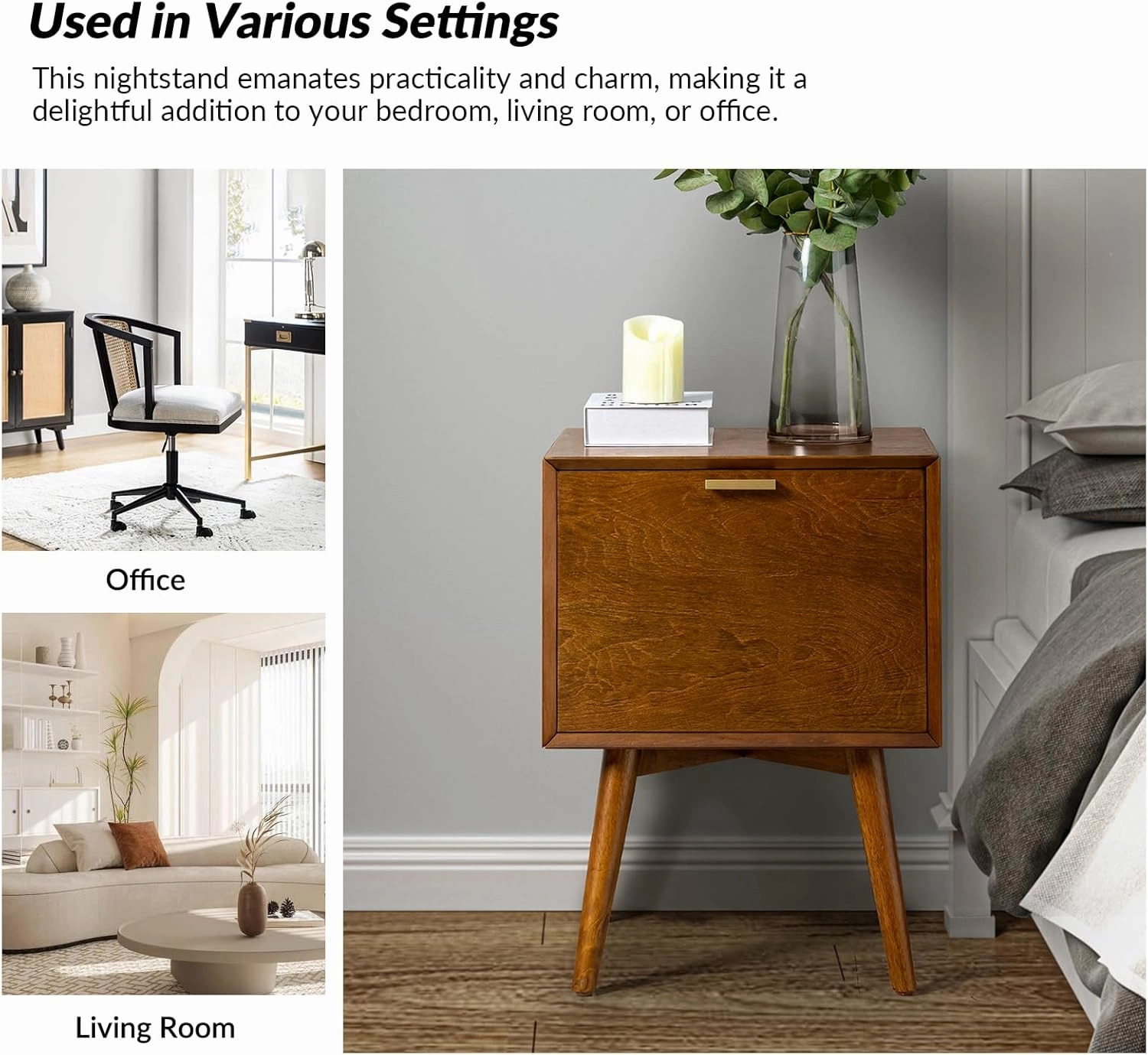 HULALA HOME Nightstand with Charging Station, Mid-Century Modern Nightstands, Wood Night Stand with USB Ports and Outlets for Bedroom Set of 2, Acorn