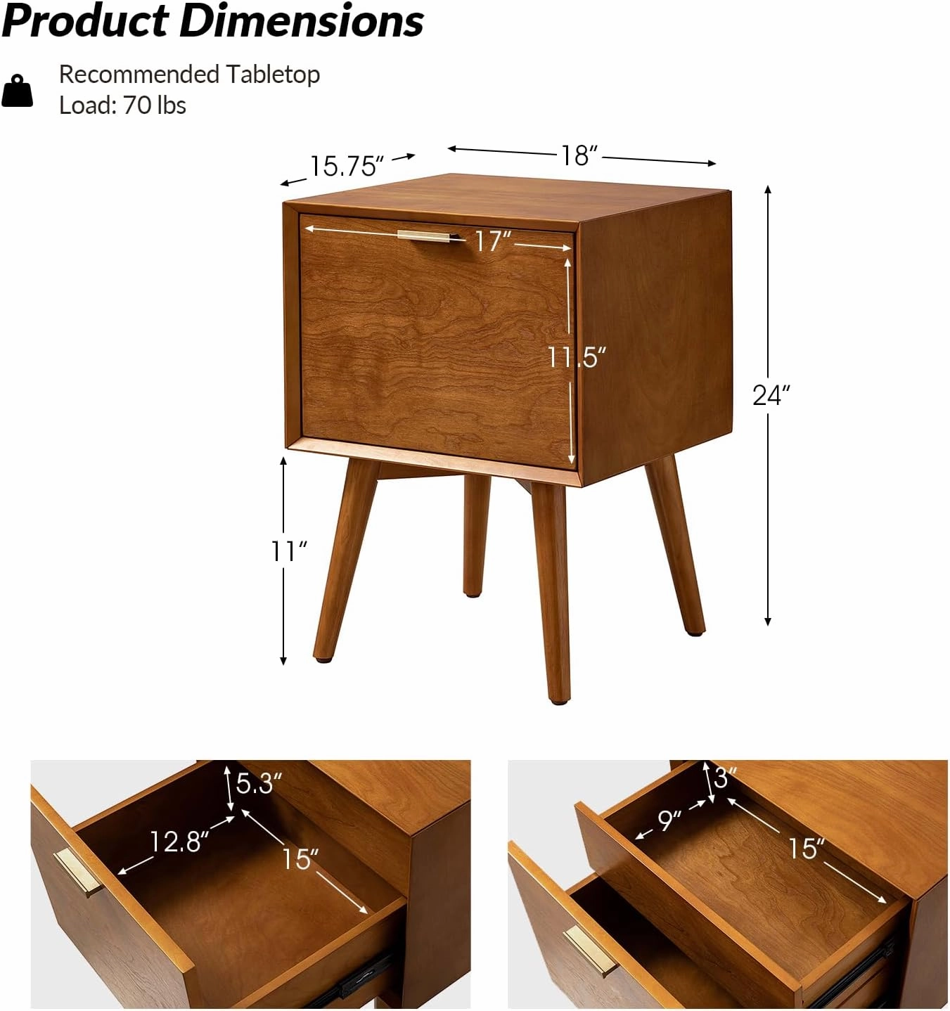 HULALA HOME Nightstand with Charging Station, Mid-Century Modern Nightstands, Wood Night Stand with USB Ports and Outlets for Bedroom Set of 2, Acorn