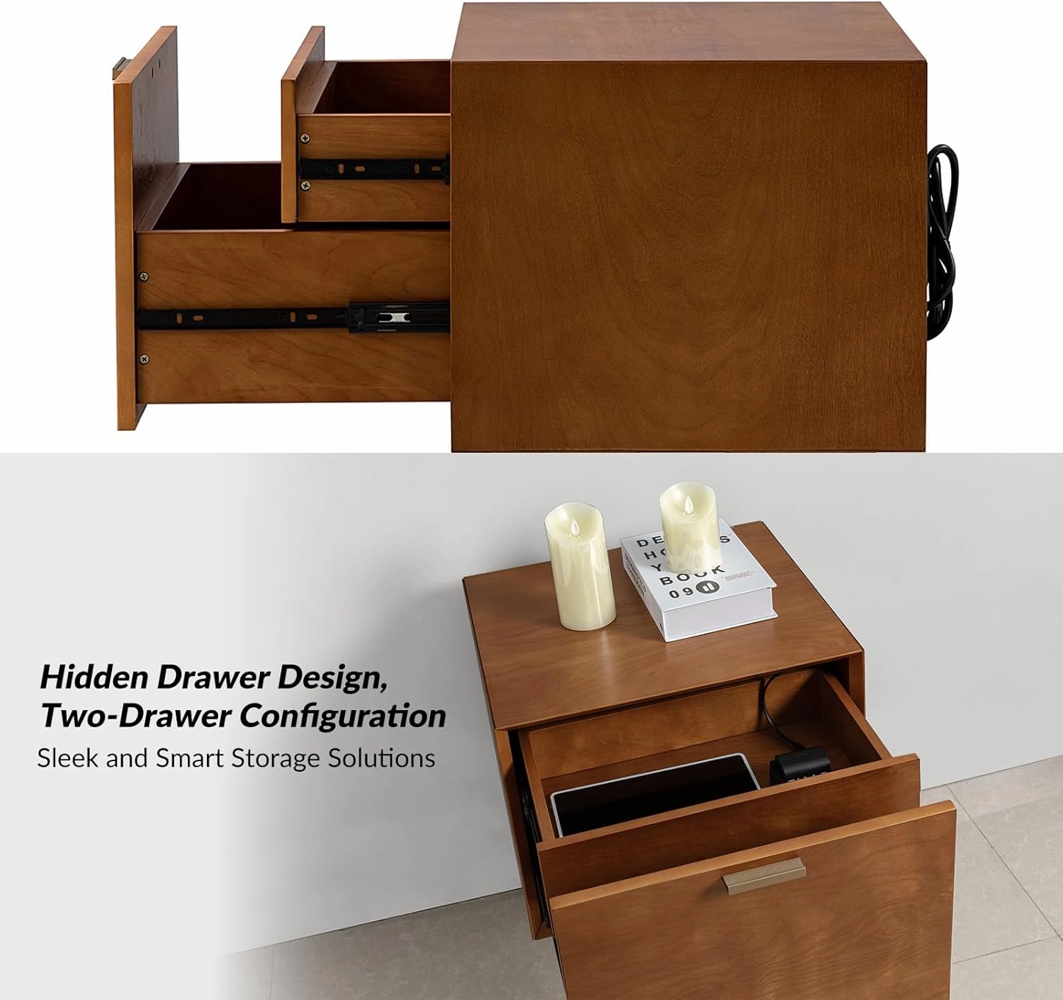 HULALA HOME Nightstand with Charging Station, Mid-Century Modern Nightstands, Wood Night Stand with USB Ports and Outlets for Bedroom Set of 2, Acorn
