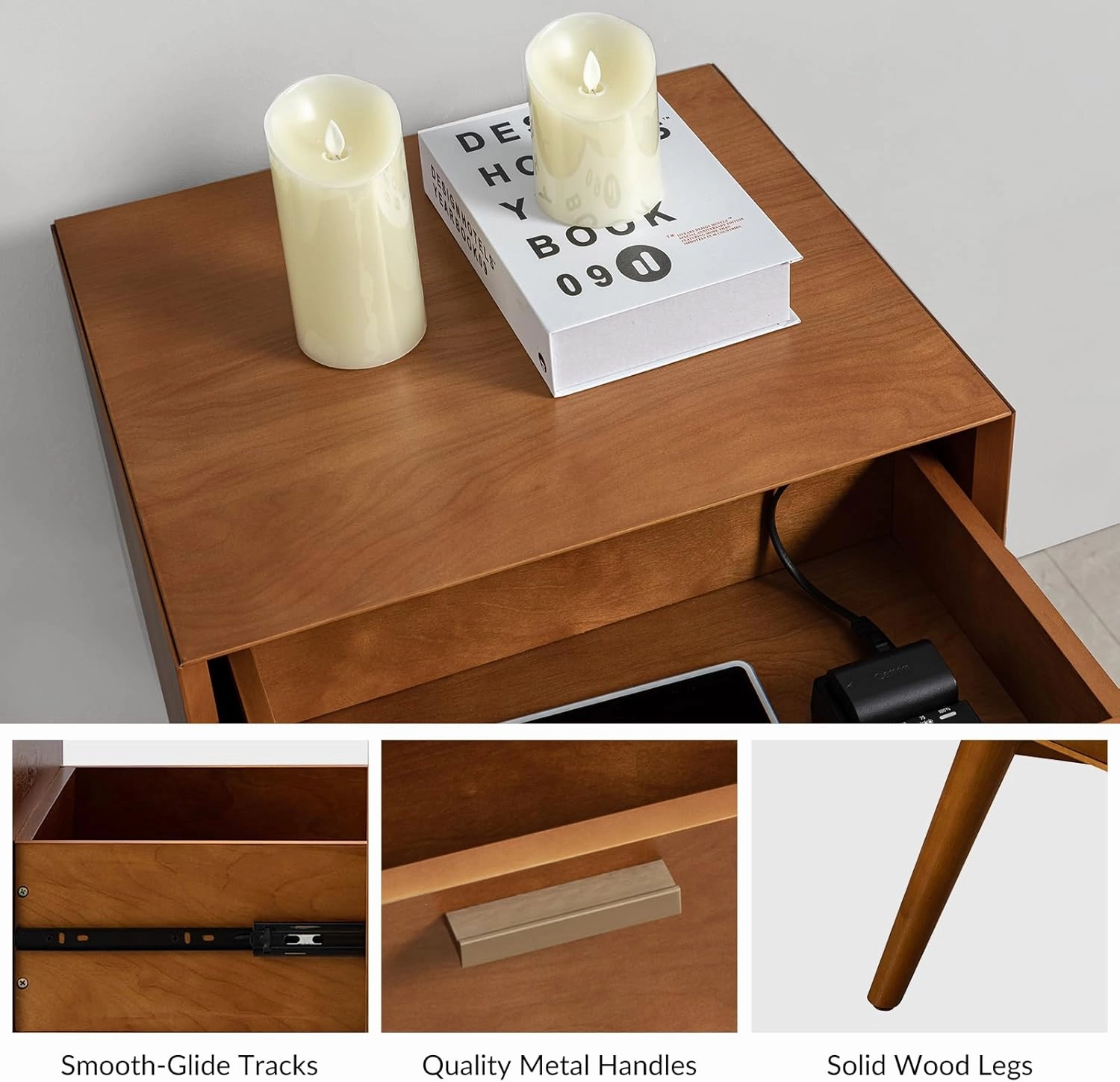 HULALA HOME Nightstand with Charging Station, Mid-Century Modern Nightstands, Wood Night Stand with USB Ports and Outlets for Bedroom Set of 2, Acorn