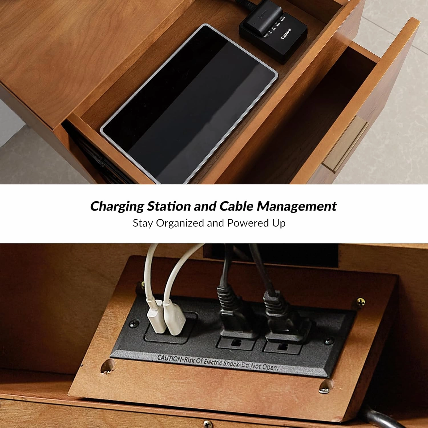 HULALA HOME Nightstand with Charging Station, Mid-Century Modern Nightstands, Wood Night Stand with USB Ports and Outlets for Bedroom Set of 2, Acorn
