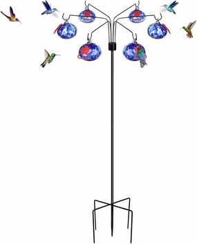 Hummingbird Feeders for Outdoors Hanging(6 Feeding Stations) Hand Blow Glass Hummingbird Feeder with Shepherd Hook,Never Leak,Garden Decor for Outside(Dotted Blue)