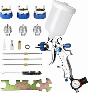 HVLP Spray Gun Air Spray Gun Paint Sprayer HVLP Spray Gun Kit Auto Paint Spray Gun HVLP with Gravity Feed, 1.4mm 1.7mm 2.0mm Nozzle 600 cc Air Gauge Regulator（Bule）
