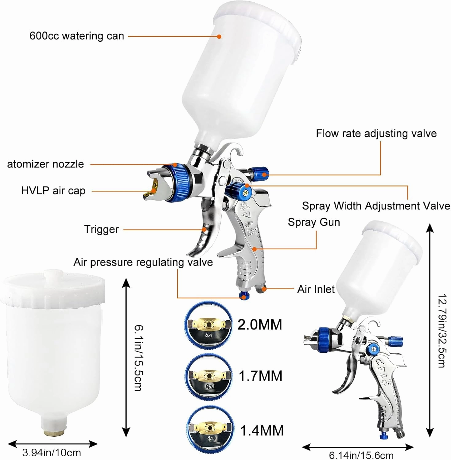 HVLP Spray Gun Air Spray Gun Paint Sprayer HVLP Spray Gun Kit Auto Paint Spray Gun HVLP with Gravity Feed, 1.4mm 1.7mm 2.0mm Nozzle 600 cc Air Gauge Regulator（Bule）