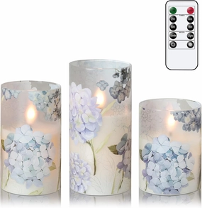 Hydrangea Flameless Candles Flickering, Spring LED Battery Operated Candles with Remote Timer, Glass and Real Wax Pillar Candles for Garden Home Decor(Set of 3, D3 xH4 5" 6")
