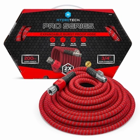 HydroTech 200FT Pro Series 3/4" Expandable Burst Proof Garden Max Flow Hose – Lightweight & Durable – Features Flow-Control Shut-Off & Strain Relief Guard