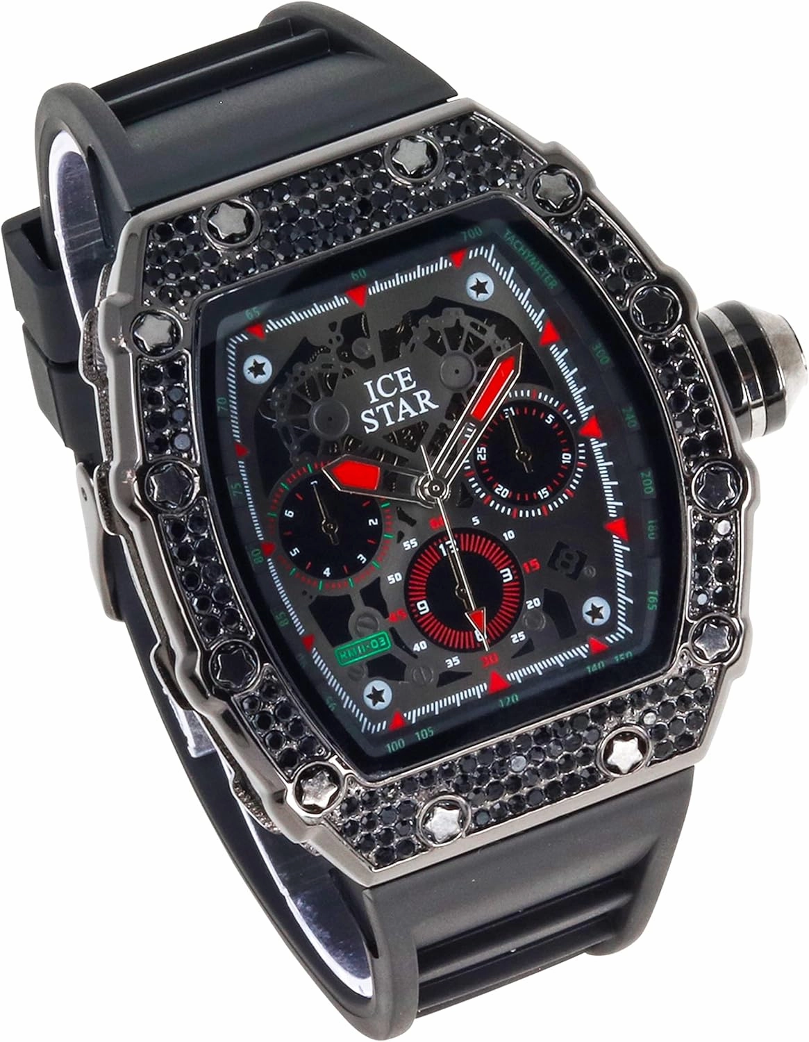 ICE STAR Men's 45mm Iced Out Tonneau Shape Watch, Silicone Band