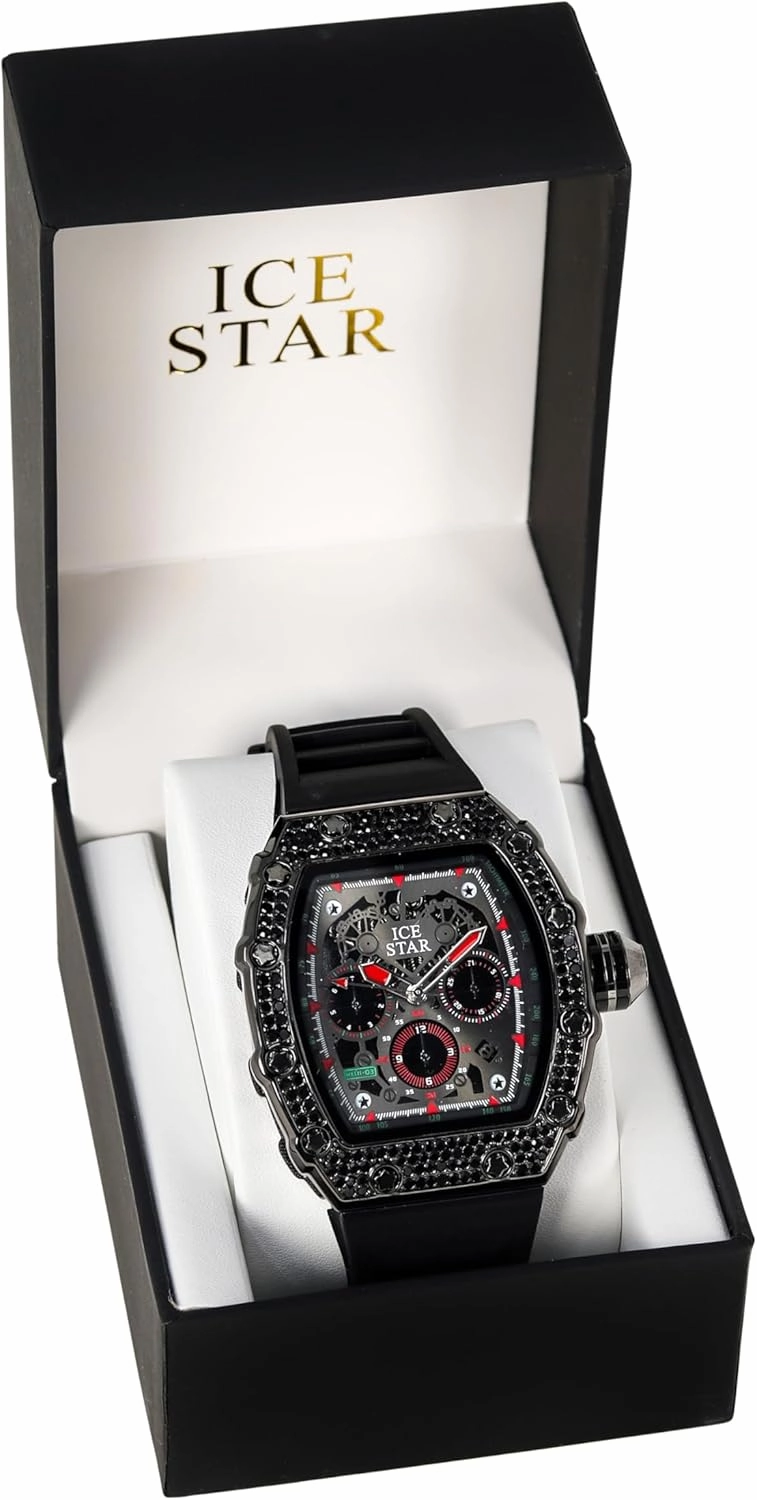ICE STAR Men's 45mm Iced Out Tonneau Shape Watch, Silicone Band