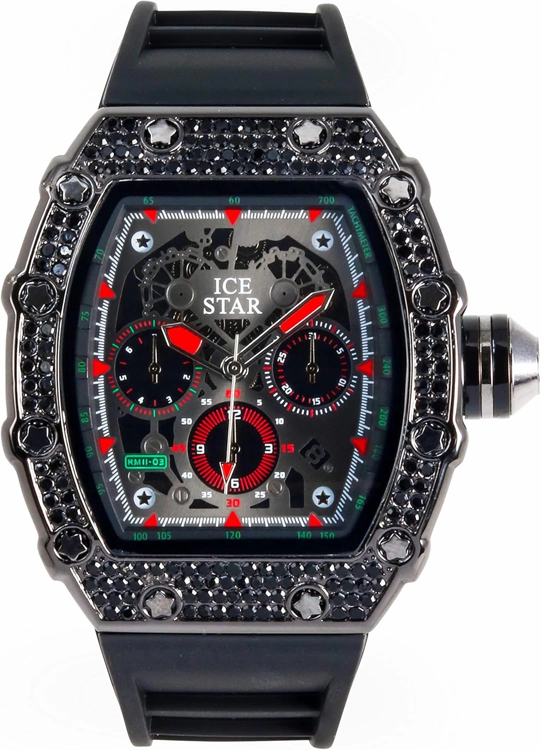 ICE STAR Men's 45mm Iced Out Tonneau Shape Watch, Silicone Band