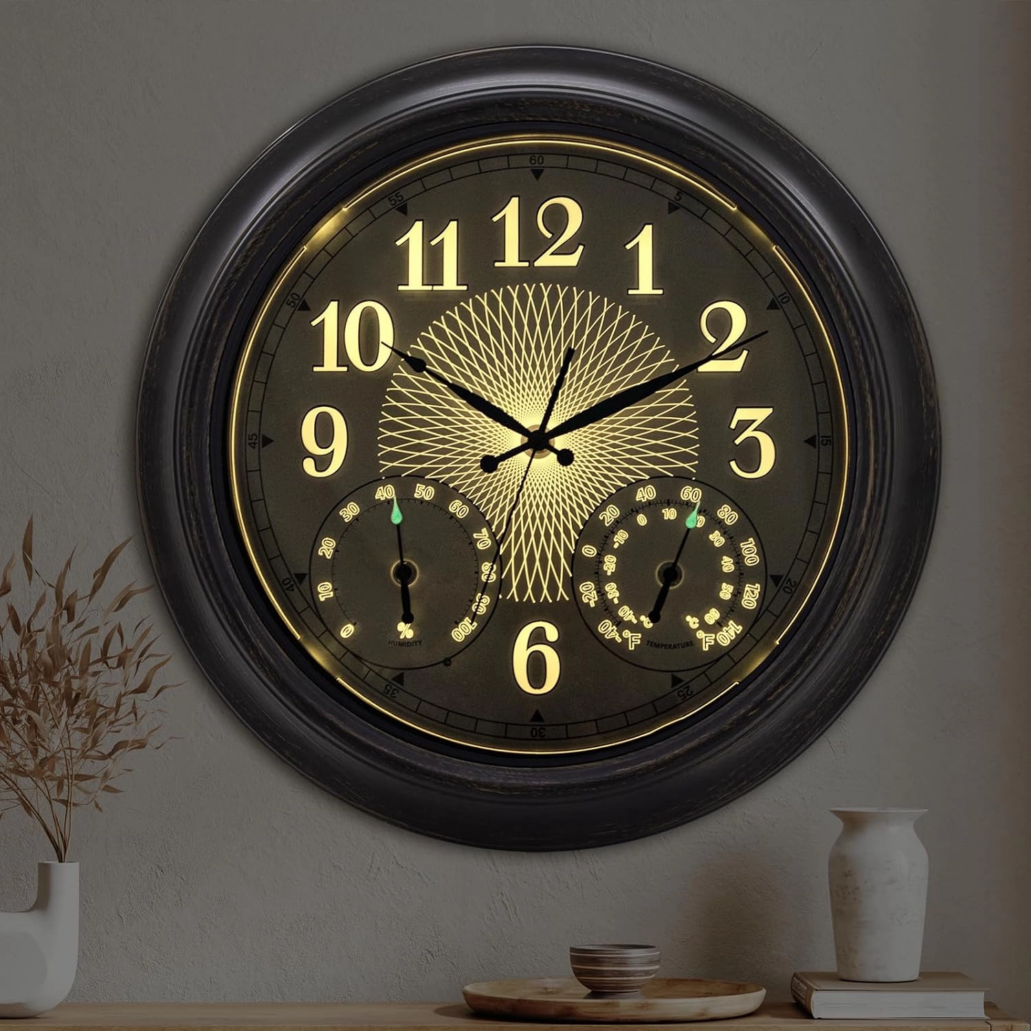 Illuminated Outdoor Clock Waterproof 18 Inches with Thermometer Hygrometer, Smart Sensor, Battery Operated, Large Black Metal Clocks for Patio, Garden, Living Room, Bedroom, Pool, Porch
