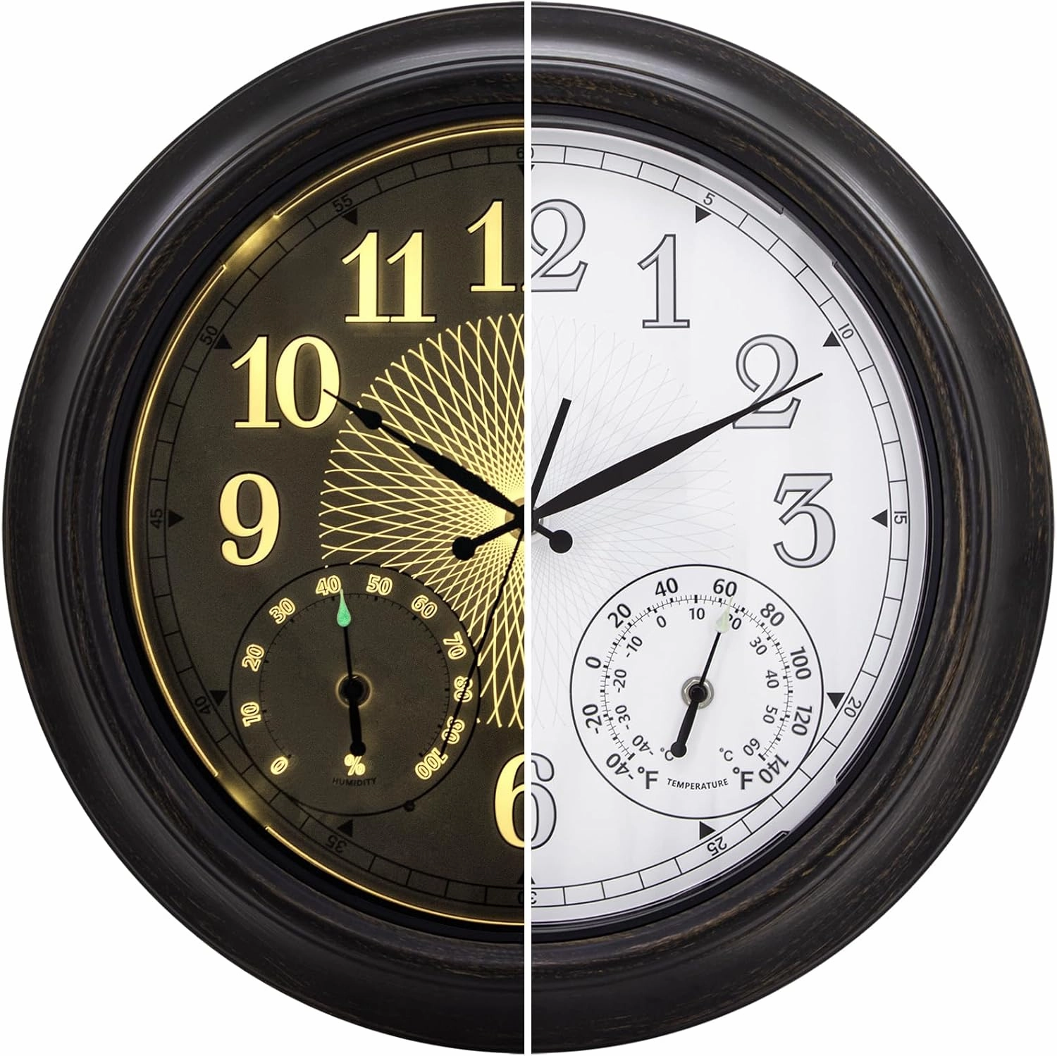Illuminated Outdoor Clock Waterproof 18 Inches with Thermometer Hygrometer, Smart Sensor, Battery Operated, Large Black Metal Clocks for Patio, Garden, Living Room, Bedroom, Pool, Porch