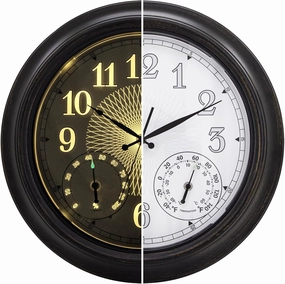 Illuminated Outdoor Clock Waterproof 18 Inches with Thermometer Hygrometer, Smart Sensor, Battery Operated, Large Black Metal Clocks for Patio, Garden, Living Room, Bedroom, Pool, Porch