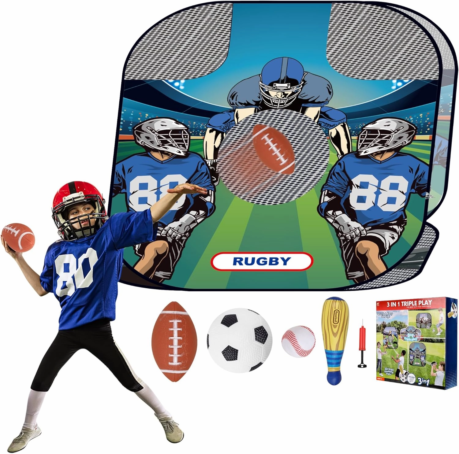 imagifun Bean Bag Toy, Toss Target Games, 3-in-1 Soccer Rugby Baseball Set, Throwing Target Toy, Soft Baseball, Inflatable Football, Rugby, for Kid 1-4 Indoor Outdoor Toss