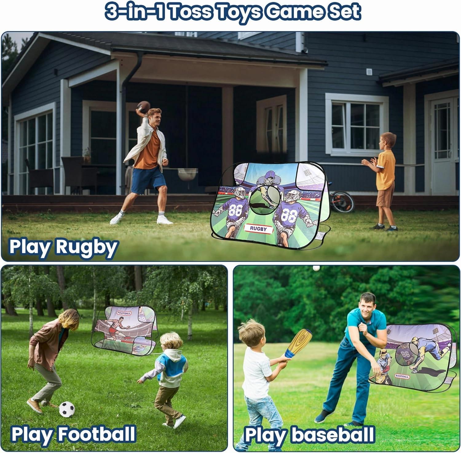imagifun Bean Bag Toy, Toss Target Games, 3-in-1 Soccer Rugby Baseball Set, Throwing Target Toy, Soft Baseball, Inflatable Football, Rugby, for Kid 1-4 Indoor Outdoor Toss