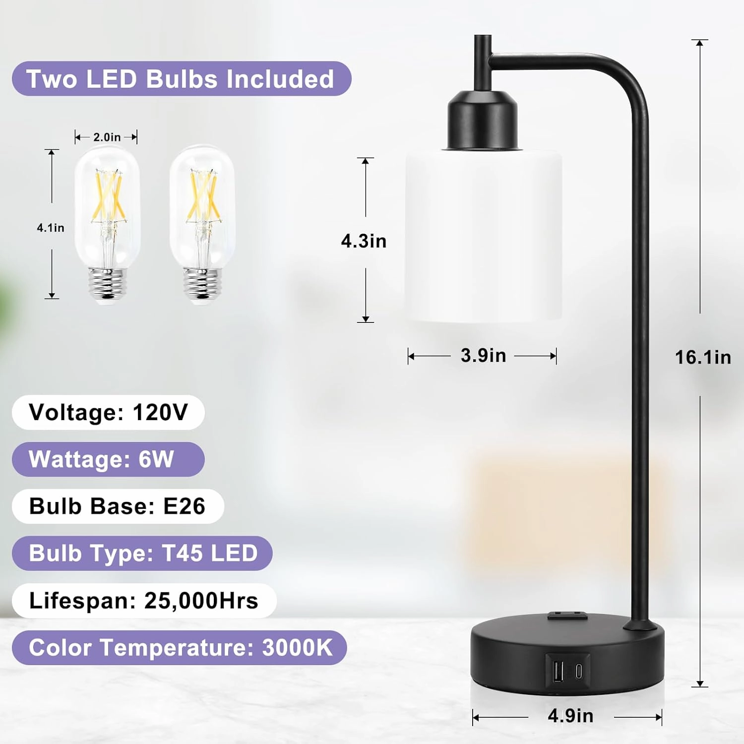 Industrial Touch Bedside Lamps for Bedrooms Set of 2 - 3-Way Dimmable Nightstand Lamps with USB C A Ports and Outlet, Table Lamps with Opal Glass Shade for Living Room, Desk Lamps for Home Office